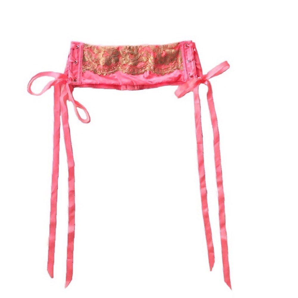 Victoria’s Secret Pink & Gold Floral Lace Ribbon Lace Up Sides Garter Belt NWT